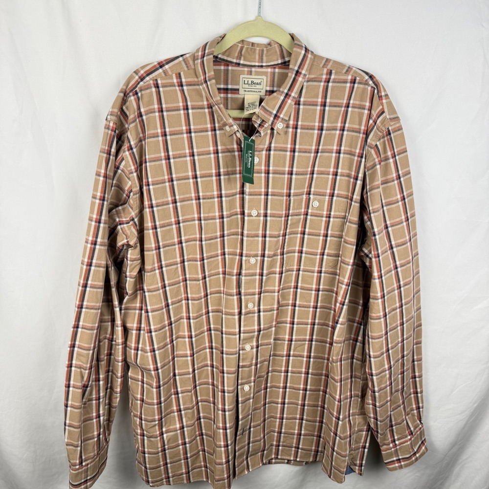 NEW LL Bean Comfort Stretch Chambray Long Sleeve Button Down XL Tall Camel Plaid